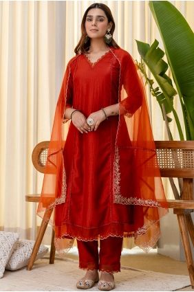 Silk Salwar Kameez in Rust with Embroidered SK15757