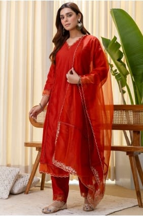 Silk Rust Salwar Kameez in Embroidered SK156086