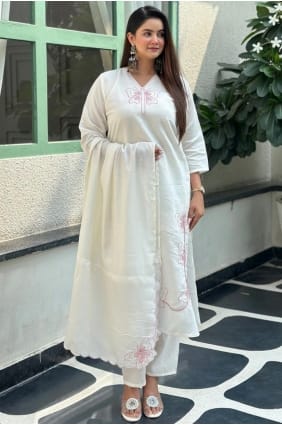 White Silk Embroidered Salwar Kameez with Dupatta SK156079