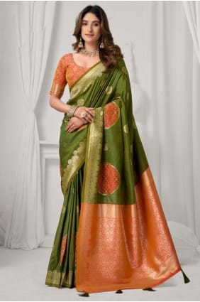 Embroidered Silk Saree in Mehendi green with Blouse SR29564