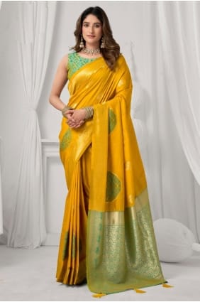Embroidered Silk Saree in Yellow SR29567