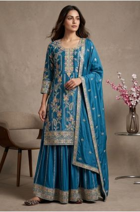 Blue Embroidered Sharara Suit in Silk SS1375