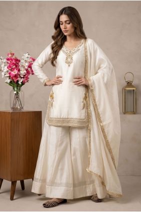 Silk Sharara Suit in Off white with Embroidered SS1389