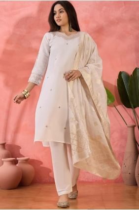 Embroidered Silk Straight Pant Suit in Off white  with Dupatta SK155464