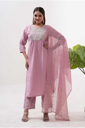 Embroidered Silk Straight Pant Suit in Pink SK155472