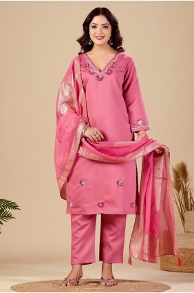 Embroidered Silk Pink Straight Pant Suit with Dupatta SK159196