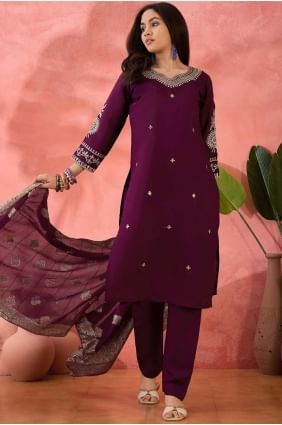 Embroidered Silk Straight Pant Suit in Wine  SK155467