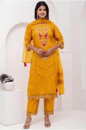 Embroidered Silk Straight Pant Suit in Yellow SK155479