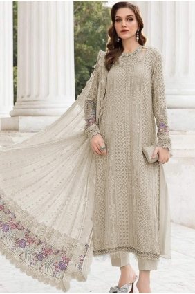 Beige Straight Pant Suit in Georgette with Embroidered SK159241