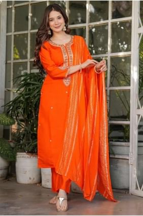 Embroidered Straight Pant Suit in Orange Chanderi SK155241