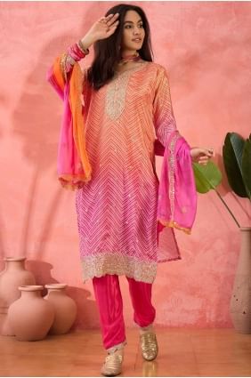 Embroidered Straight Pant Suit in Pink Chiffon SK155456