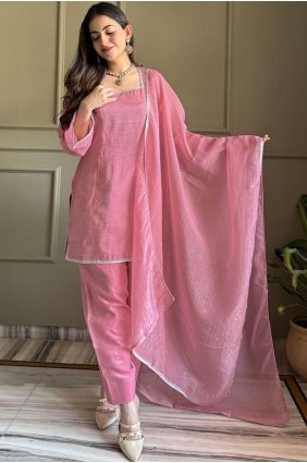 Embroidered Silk Straight Pant Suit in Pink SK159216