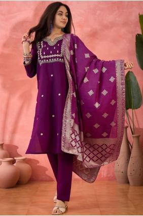 Embroidered Straight Pant Suit in Purple Silk SK155468
