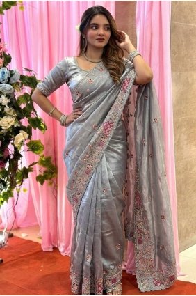 Embroidered Tissue Saree in Grey with Blouse SR30305