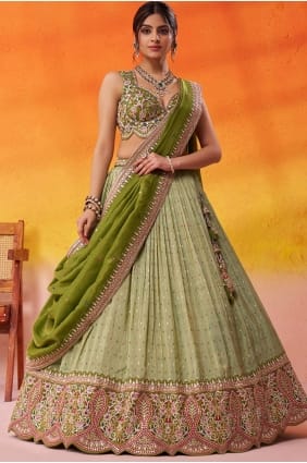 Lime green Lehenga Choli in Tissue with Embroidered LC8848