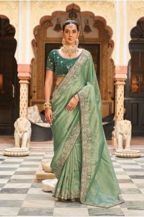 Embroidered Tissue Sea green Saree with Blouse SR30355