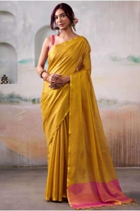 Embroidered Tussar silk Yellow Saree with Blouse SR29027