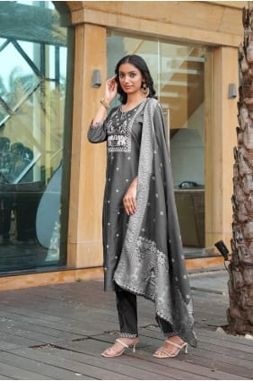 Silk Eid Anarkali Suit with Embroidered in Grey AS4167
