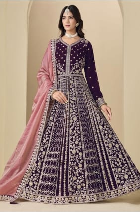 Wine Embroidered Anarkali Suit in Velvet AS4193