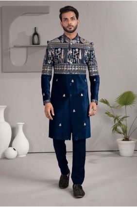 Blue Velvet Embroidered Men Kurta with Dupatta KURR246