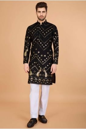 Nevy blue Embroidered Men Kurta in Viscose KURR527