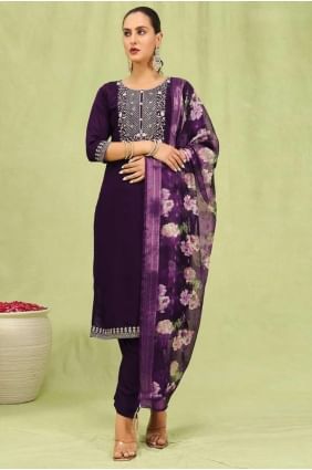 Embroidered Viscose Purple Straight Pant Suit with Dupatta SK155548