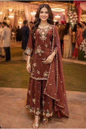Viscose Brown Sharara Suit in Embroidered SS1374