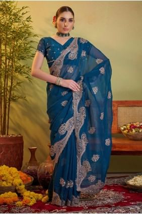 Embroidered Chiffon Teal blue  Saree with Blouse SR28235