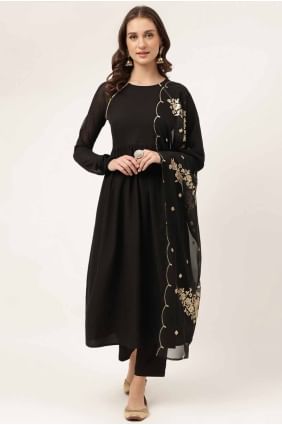 Embroidered Crepe Kurti in Black with Dupatta KTI2645