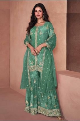 Embroidered Eid Palazzo Suit in Green Georgette PZ4096