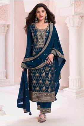 Embroidered Eid Salwar Kameez in Blue Jacquard SK155131