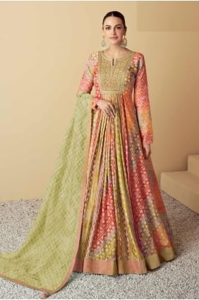 Embroidered Gown Dress in Orange and multi  Muslin GW1088