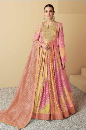 Embroidered Muslin Gown Dress in Peach and multi  with Dupatta GW1086