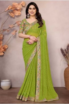 Embroidered Saree in Parrot green Georgette SR28692