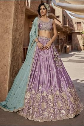 Embroidered Satin Lehenga Choli in Lavender  LC8375