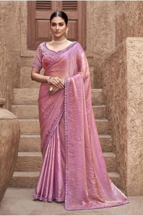 Embroidered Satin Saree in Pink SR28051