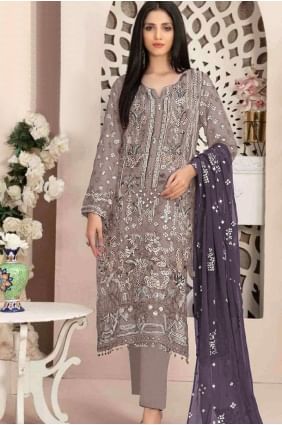 Embroidered Straight Pant Suit in Beige  Georgette SK155113