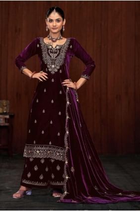 Embroidered Velvet Straight Pant Suit in Purple SK155139