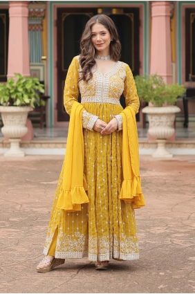 Embroidered Faux georgette Anarkali Suit in Yellow AS4245