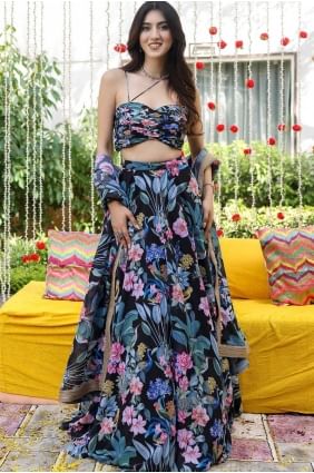 Printed Lehenga Choli in Black Faux georgette LC8510