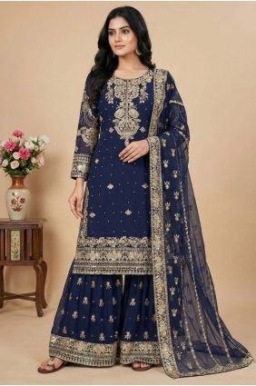Navy blue Sequins Faux georgette Palazzo Suit PZ4384