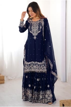 Faux georgette Navy blue Sharara Suit in Stone with moti SS1292