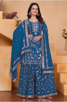 Blue Faux georgette Sequins Palazzo Suit with Dupatta PZ4362