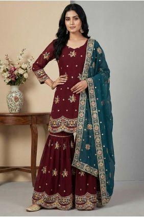 Sequins Palazzo Suit in Maroon Faux georgette PZ4382