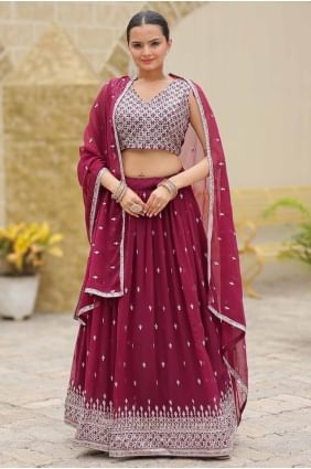 Faux georgette Party Lehenga Choli in Wine berry  with Embroidered LC8284