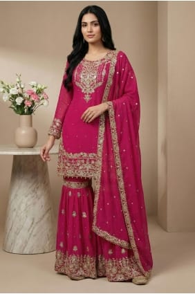 Thread Faux georgette Sharara Suit in Pink with Dupatta SS1343