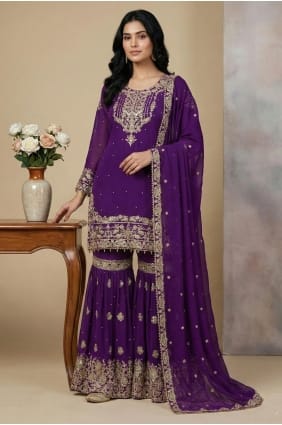 Thread Faux georgette Sharara Suit in Purple SS1344
