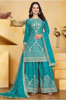 Sequins Palazzo Suit in Firozi Crepe PZ4422