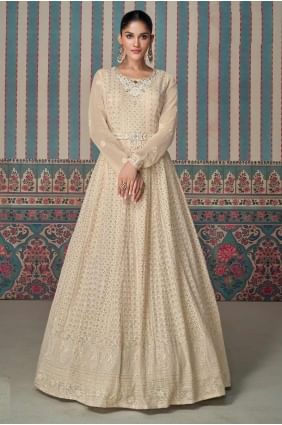 Georgette Beige Gown Dress in Embroidered GW1083