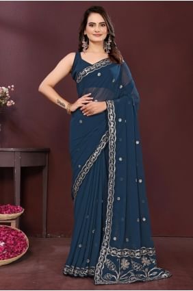 Embroidered Georgette Blue Saree with Blouse SR28888